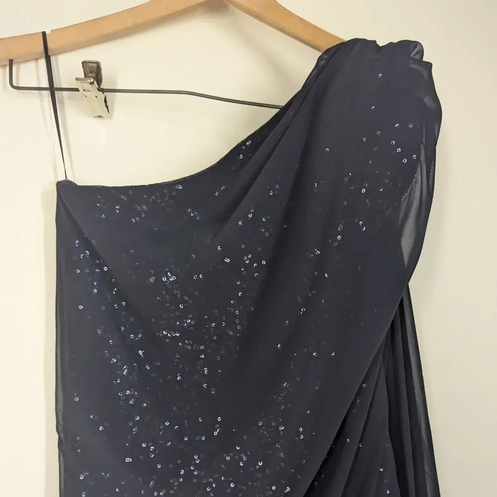 Talbot Runhof One Shoulder Sequined Gown Dress Georgette Overlay Size 6 FLAWS - Picture 4 of 11